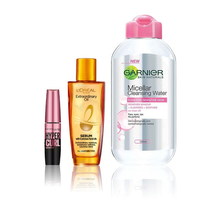 Maybelline x Garnier x L'Oreal Paris Influencer Favourite Trio (Maybelline Hypercurl Mascara - Very Black (9.2 gm), Garnier Micellar water (125 ml), L'Oreal Paris Ex - Maybelline