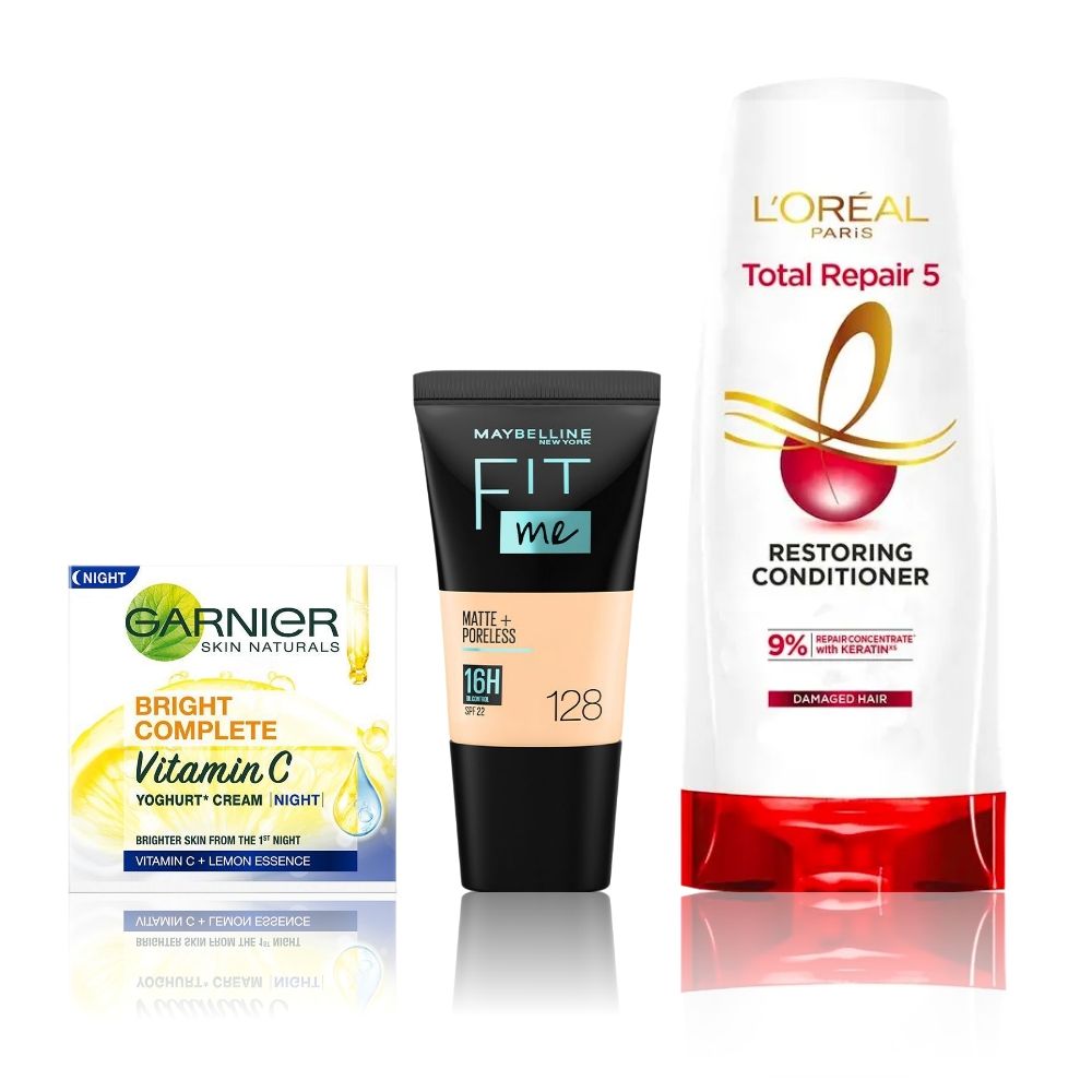 Maybelline x Garnier x L'Oreal Paris Most Loved Combo 2 (Maybelline Fit Me foundation, 128 Warm Nude (18 ml), Garnier Bright Complete Vitamin C Yogurt night Cream (4 - Maybelline