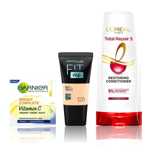 Maybelline x Garnier x L'Oreal Paris Most Loved Combo 2 (Maybelline Fit Me foundation, 128 Warm Nude (18 ml), Garnier Bright Complete Vitamin C Yogurt night Cream (4 - Maybelline