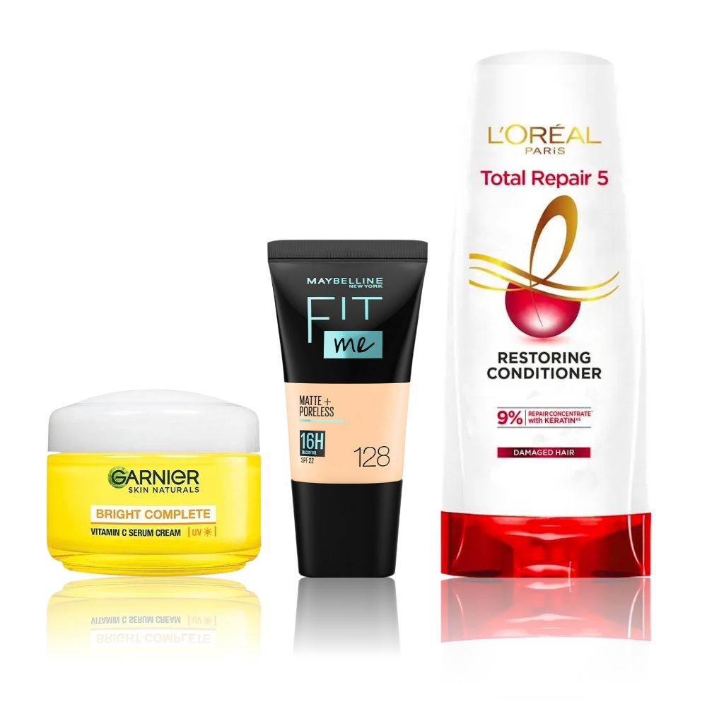 Maybelline x Garnier x L'Oreal Paris Most Loved Combo 2 (Maybelline Fit Me foundation, 128 Warm Nude (18 ml), Garnier Bright Complete Vitamin C Yogurt night Cream (4 - image 2