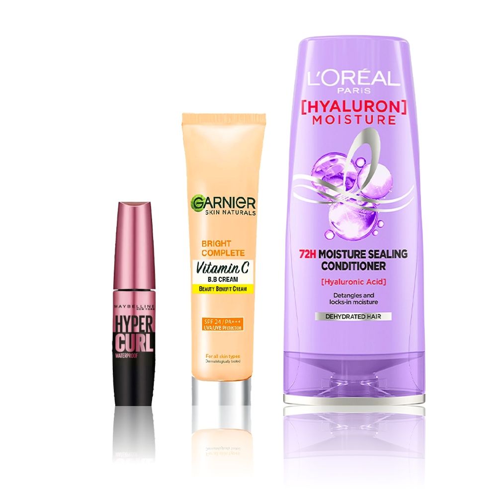 Maybelline x Garnier x L'Oreal Paris Picture Perfect Combo (Maybelline Hypercurl Mascara, Very Black (9.2 gm), Garnier Bright Complete BB Cream (30 gm), L'Oreal Pari - Maybelline