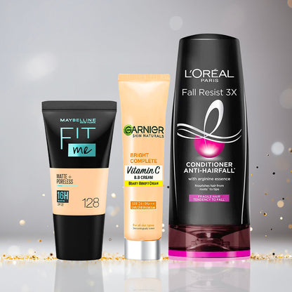 Maybelline x Garnier x L'Oreal Paris Ready to Party Combo (Maybelline Fit Me foundation, 115 Ivory (18 ml), Garnier Bright Complete BB Cream (30 gm), L'Oreal Paris F - Maybelline