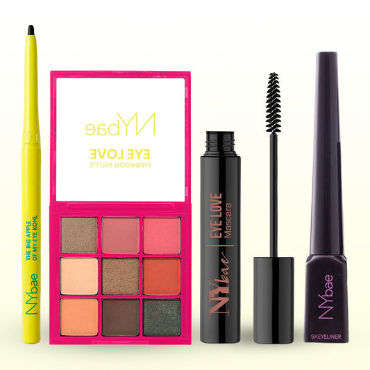 NY Bae Complete Eye Makeup Combo (Eye Love Eyeshadow Palette-9 gm + Eye Love Lengthening Mascara-Black Eyeliner + Skeyeliner-Black Matte + The Big Apple Of My Eyes K - NY Bae