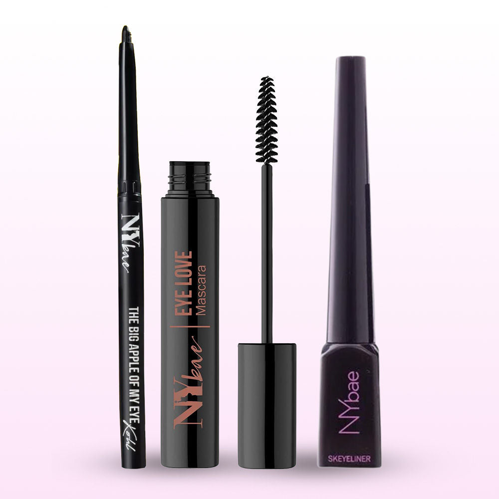NY Bae Smudgeproof Eye Combo (The Big Apple Of My Eyes Kohl Kajal-Black 0.30 gm+ Skeyeliner- Black Glossy Eyeliner 5 ml + Eye Love Curling Mascara-Intense Black 8 ml - NY Bae