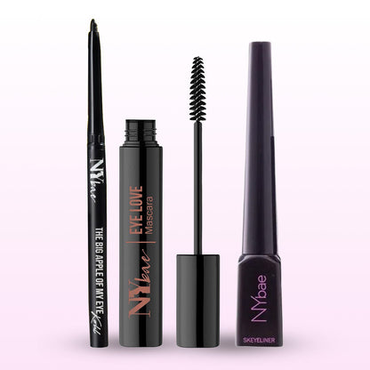 NY Bae Smudgeproof Eye Combo (The Big Apple Of My Eyes Kohl Kajal-Black 0.30 gm+ Skeyeliner- Black Glossy Eyeliner 5 ml + Eye Love Curling Mascara-Intense Black 8 ml - NY Bae