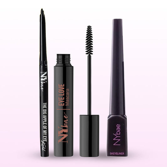 NY Bae Smudgeproof Eye Combo (The Big Apple Of My Eyes Kohl Kajal-Black 0.30 gm+ Skeyeliner- Black Glossy Eyeliner 5 ml + Eye Love Curling Mascara-Intense Black 8 ml - NY Bae