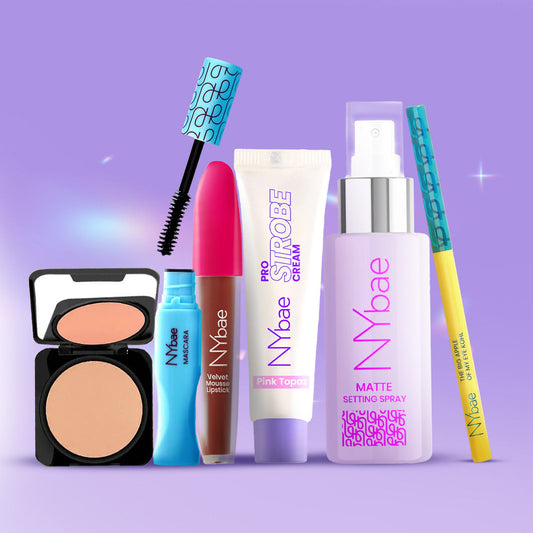 NY Bae Soft Glam Makeup Kit (Velvet Mousse Liquid Lipstick Spicy Rust + Big Apple Of My Eyes Kohl Kajal – Black + Setting Spray (60 ml) + Long Lash Mascara - NY Bae